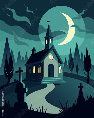 The old church seemed to emit a ghostly aura as the gaslights shadow lingered over the graves in the cemetery.. Vector illustration