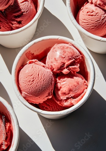 Delicious Scoops of Vibrant Red Sorbet Served in White Cups on a Modern Surface