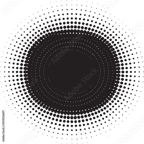 Concentric circles of black dots radiating inward to a central black circle on white background