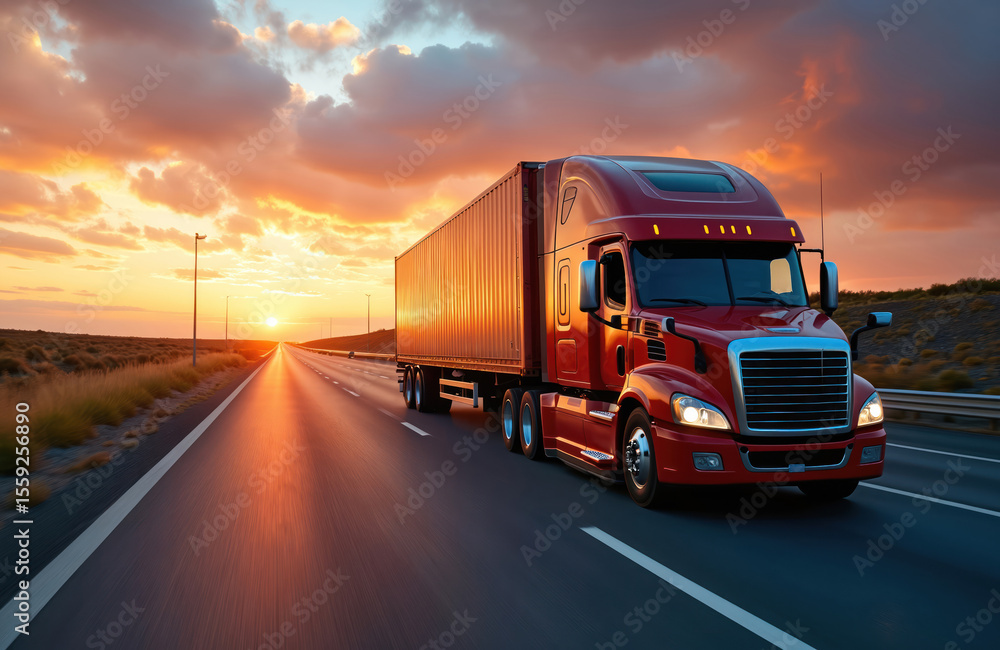 Semi trailer truck drives on highway at sunset. Commercial freight transport, delivery, logistic industry, cargo transportation express service on road. Diesel lorry tractor at sunset on highway. Semi trailer truck drives on highway at sunset. Commercial freight transport, delivery, logistic industry, cargo transportation express service on road. Diesel lorry tractor at sunset on highway.