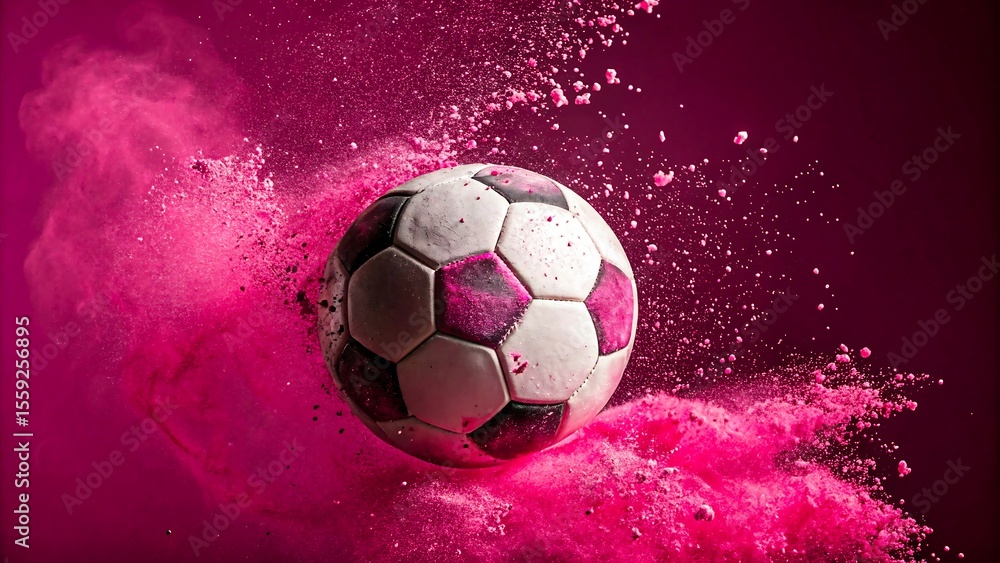 Naklejka premium Black and white soccer ball bursting through pink powder on vibrant gradient background