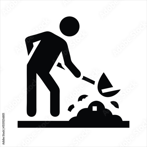 Silhouette of a person preparing a compost pile in their backyard on white background