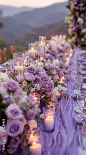 Elegant Floral Table Setup With Candles for Outdoor Evening Wedding Celebrati...