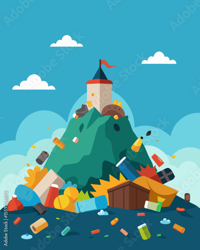 A landfill overflowing with waste a result of overconsumption and lack of recycling.. Vector illustration