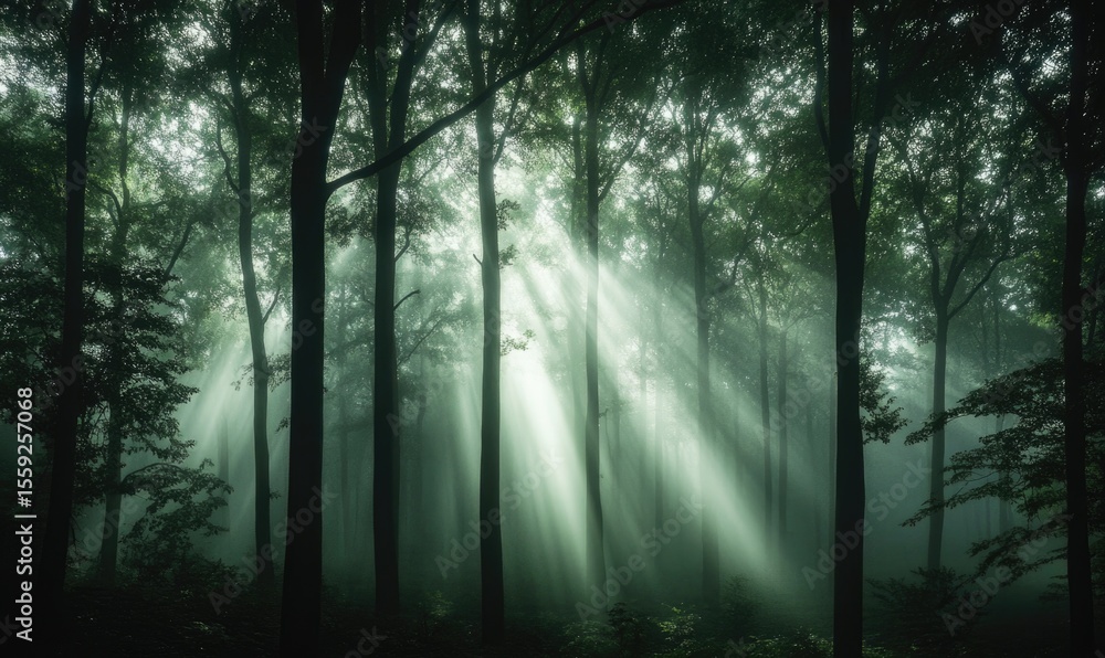 Obraz premium A forest with trees and sunlight shining through the leaves