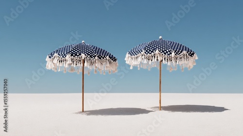 Bright Blue Beach Umbrellas on a White Sandy Shore Under a Clear Sky