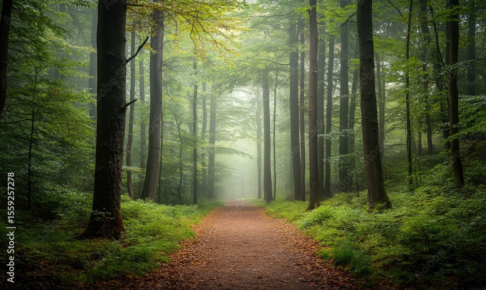 Obraz premium A forest path with trees and leaves on the ground