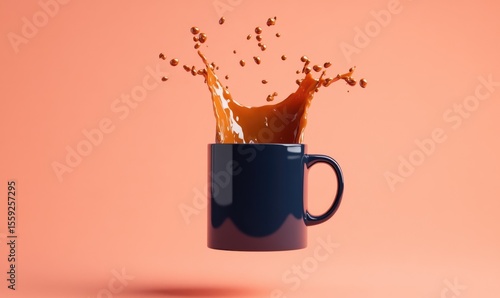 A cup of coffee is shown in mid-air, with a splash of coffee spilling out of it
