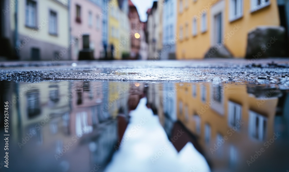 Obraz premium A street view of a city with a puddle of water reflecting the buildings