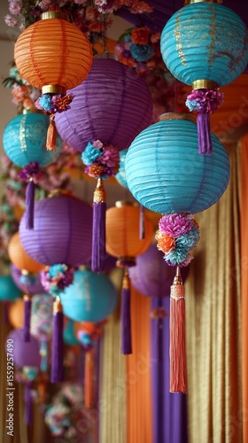 Colorful Paper Lanterns Hanging at a Festive Celebration in a Decorated Venue