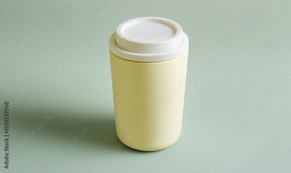 A yellow cup with a white lid sits on a green surface A yellow cup with a white lid sits on a green surface