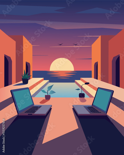 As the sun sets over the courtyard the laptops soft glow seems to reflect the peacefulness of the surroundings.. Vector illustration