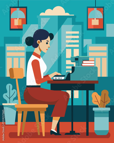 The sound of typewriter keys fills the air as a freelance journalist composes their next article in the bustling café.. Vector illustration