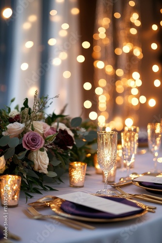 Elegant Dinner Setting With Warm Bokeh Lights and Floral Arrangements During ...