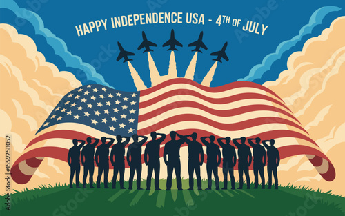 Patriotic American Soldiers Saluting Under Flag with Fighter Jets 4th of July Independence Day USA Illustration