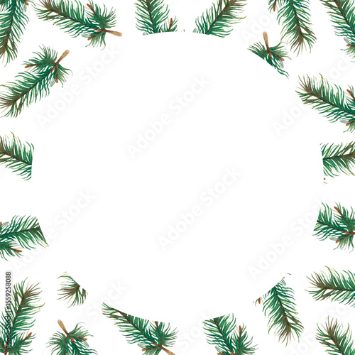 Watercolor hand painted frame of fir branches. Christmas composition