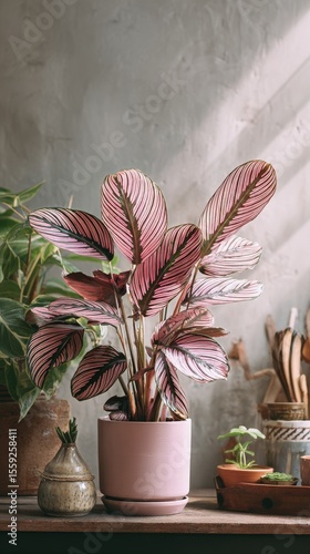 Colorful Houseplant on Display in a Cozy Interior Setting During the Golden Hour
