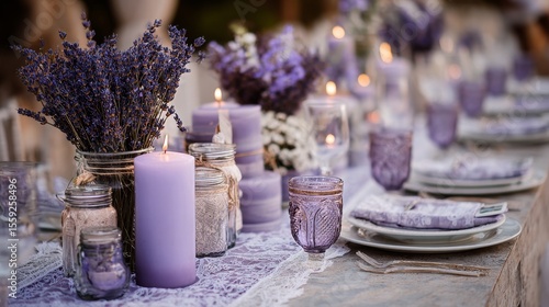 Elegant Lavender Themed Table Setting With Candles and Flowers for a Special ...