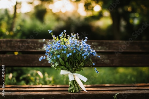Beautiful Blue Wildflower Bouquet on a Rustic Bench in a Serene Park During G...
