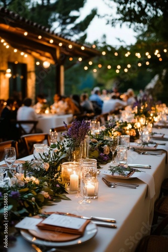 Elegant Outdoor Dining Setup for Evening Celebration in a Picturesque Garden