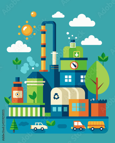 A manufacturing plant implementing a zerowaste policy finding ways to repurpose or recycle any byproducts or unused materials.. Vector illustration