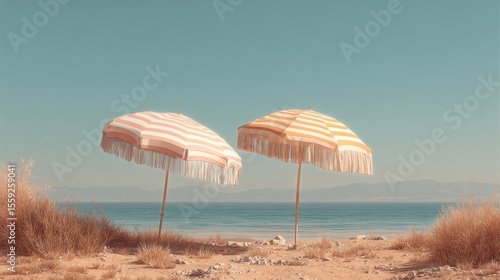 Colorful Beach Umbrellas Standing in Soft Sand Under Clear Blue Sky at Sunset