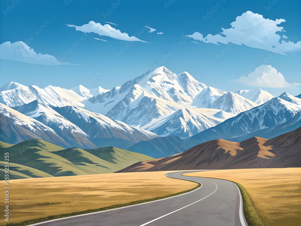 Naklejka premium Sweeping Alps Vista - Snow-Capped Mountains & Winding Road