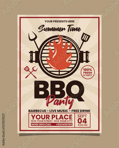 Summer Time BBQ Party portrait vertical flyer, bbq invitation poster vector template