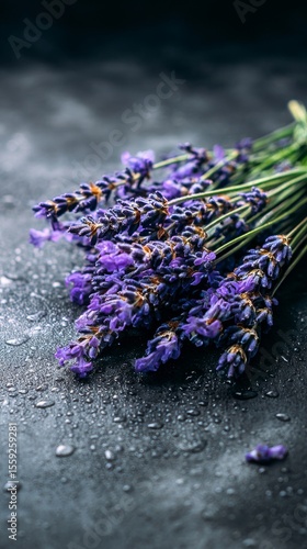 Lavender Bouquet With Droplets on Dark Surface Showcasing Natural Beauty
