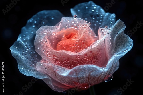 A beautiful rose with delicate petals adorned with glistening water droplets, against a dark background, creating stunning contrast.