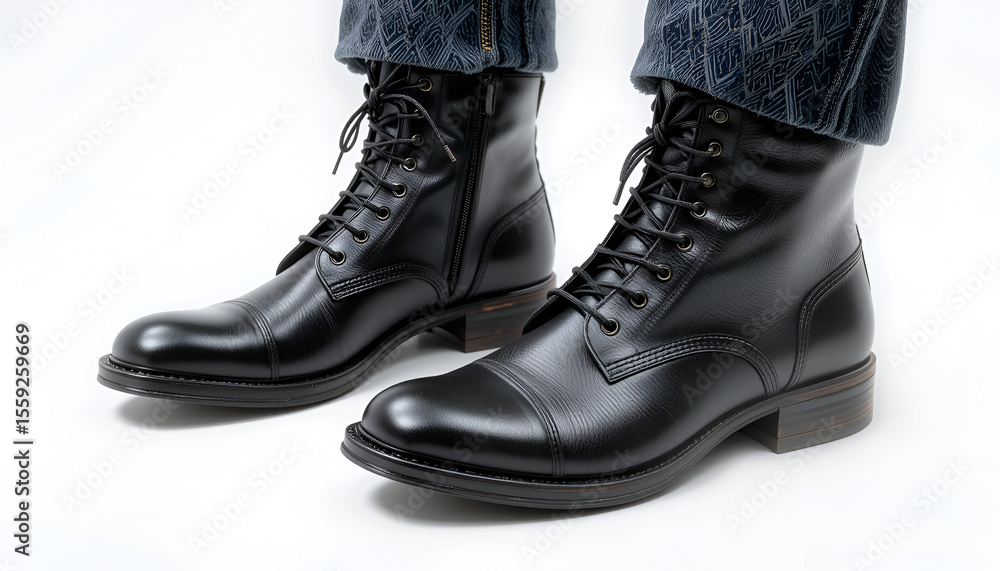 Stylish black leather boots are showcased against a white background, displaying a classic fashion footwear option for men. Stylish black leather boots are showcased against a white background, displaying a classic fashion footwear option for men.