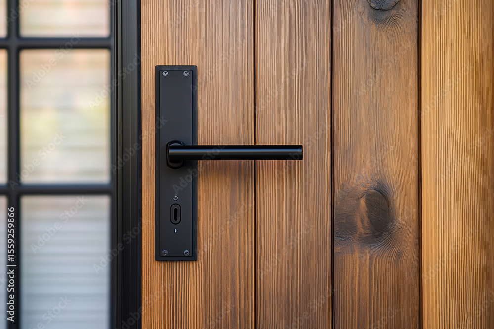 Modern Black Door Handle on Wooden Door – Sleek Minimalist Design Modern Black Door Handle on Wooden Door – Sleek Minimalist Design