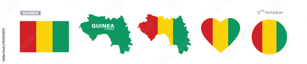 Fototapeta premium guinea flag and map set. guinea flag in official colors and proportions. independence day 2 october, map, circle and heart shaped guinea 