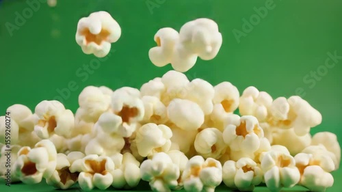 Ultra Slow Motion Popcorn Falling on Green Screen and Dramatically Hitting Invisible Surface