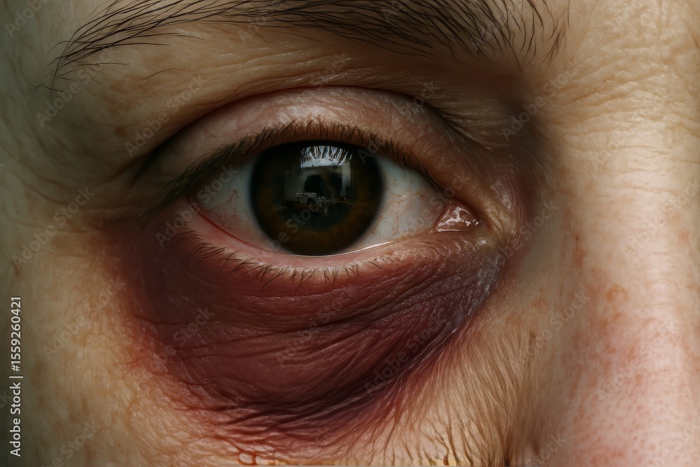 Fototapeta premium Close-up of a painful black eye and facial bruise. Evokes concepts of injury, domestic violence, or accident.