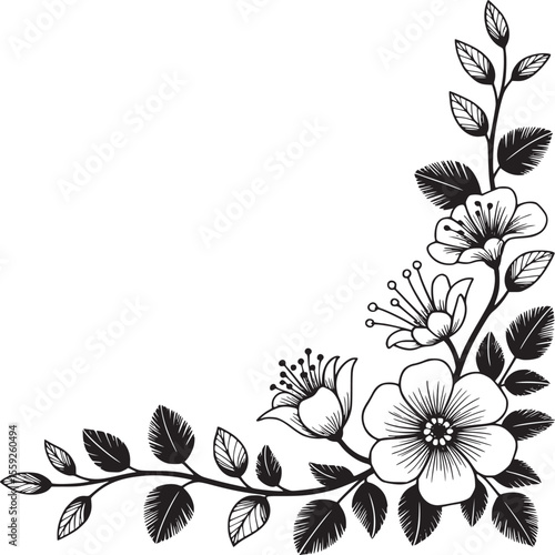 Corner floral design with blooming flowers and leaves in black and white line art illustration