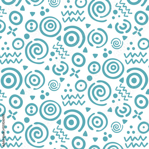 Seamless pattern of teal abstract swirls circles dots and zigzag shapes