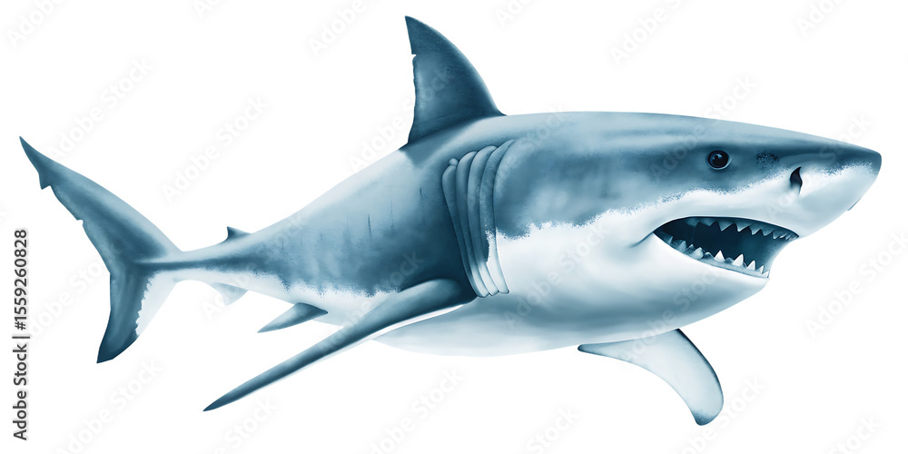 Obraz premium ealistic image of a great white shark isolated on white background PNG ,AI GENERATED