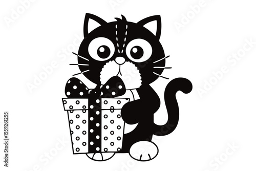 Adorable monochrome cartoon cat holds a polka dotted gift box tightly for someone special
