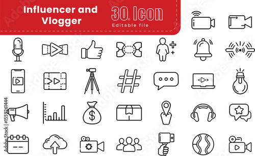  Social Media Influencer  and vlogger line icon set collection. Editable Stroke. Pixel Perfect. Mobile App, Selfie, Digital Marketing, Advertising, Video Streaming, Live Event, Hashtag, Video Tutorial