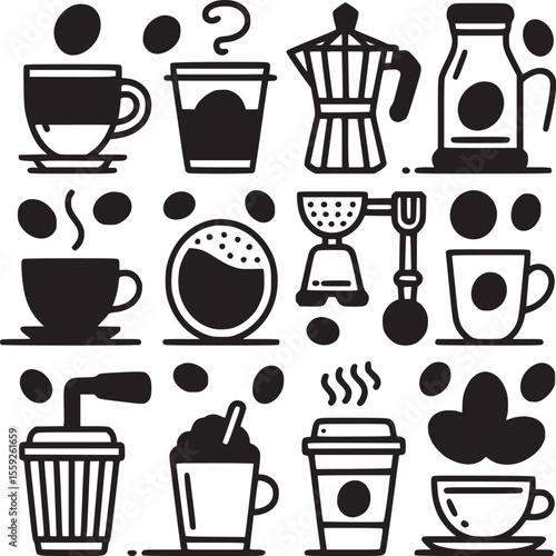 Various coffee related icons arranged in a grid pattern featuring cups, beans, and brewing equipment