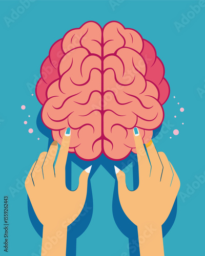 Fingers spread apart gently pushing and pulling at the folds and grooves of a brain meticulously adjusting each detail.. Vector illustration