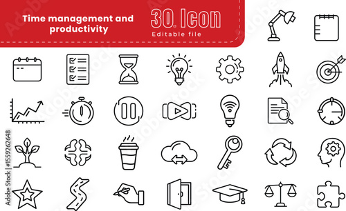 Time management editable line icon set collection.  task, manage time, planner, calendar, delegation, reminder, timer, vector file