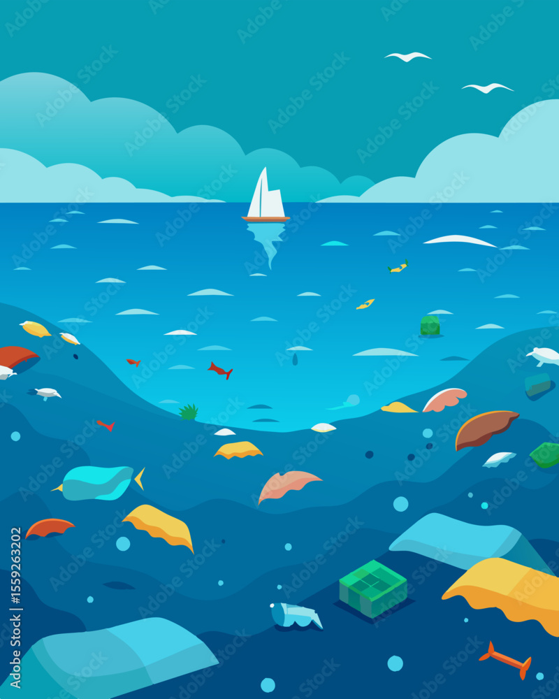 Obraz premium A dense layer of plastic covers the surface as Trash Island spreads its reach across the vast expanse of the ocean.. Vector illustration