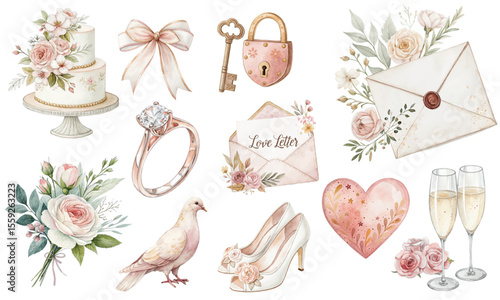 Romantic Watercolor Wedding Clipart Set with Cake, Ring, Flowers, Love Letter, Champagne, Shoes, and Dove Illustrations