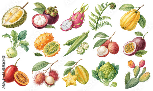Exotic Watercolor Vector Set of Tropical Fruits and Vegetables for Creative Design Projects