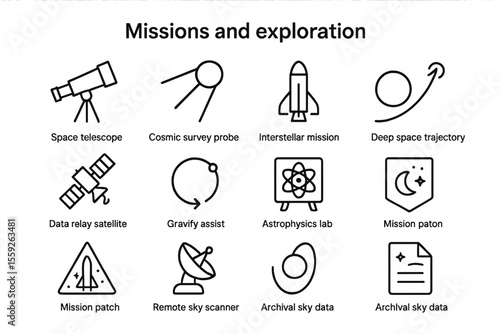 Space exploration icons: telescope, satellite, rocket, mission, data