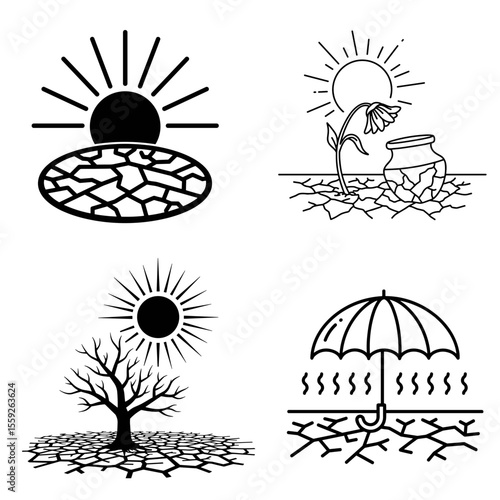 Cracked earth and drought icons with sun and dry nature symbols