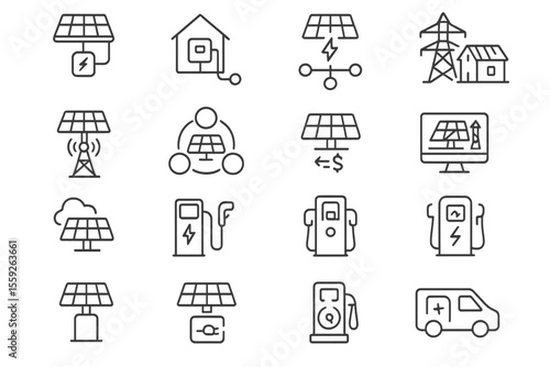 Solar energy system icons: power, grid, charging stations, and smart technology
