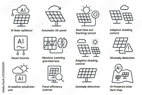 Ai-enhanced solar technology icons for energy optimization and efficiency